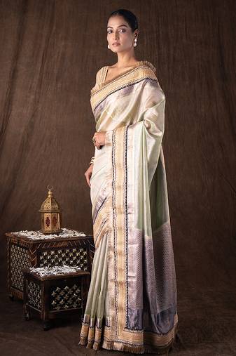 Grey handloom pure tissue silk saree