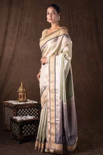 Grey handloom pure tissue silk saree