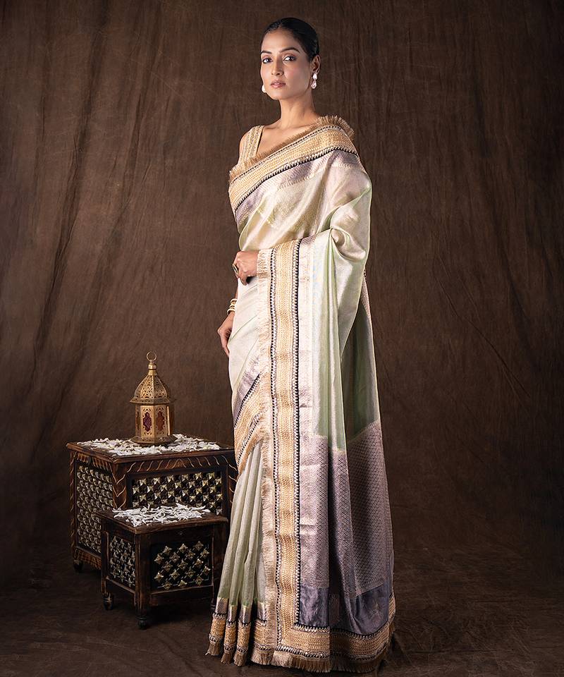 Grey handloom pure tissue silk saree