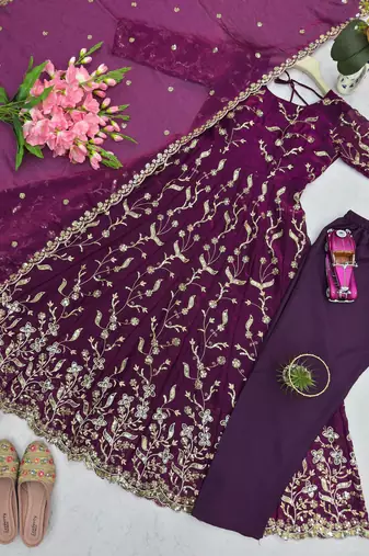 purple silk blend anarkali gown set with floral vine work