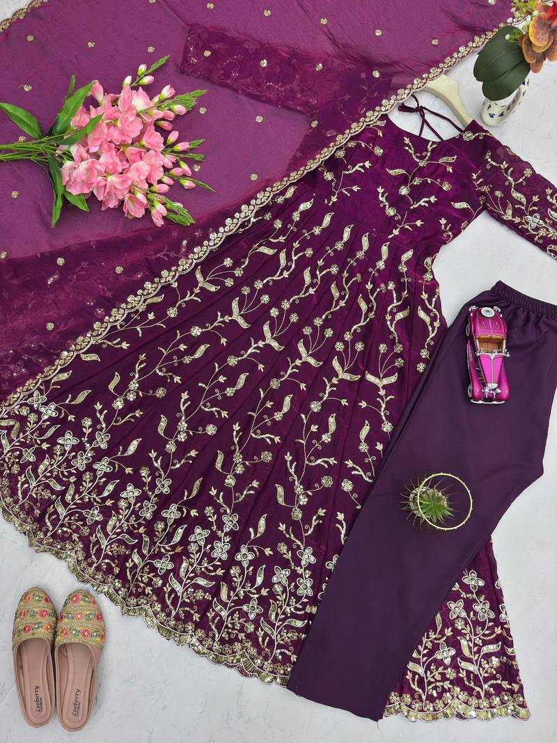 purple silk blend embroidered gown set