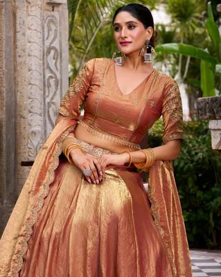 orange silk blend lehenga set with thread embroidery 2