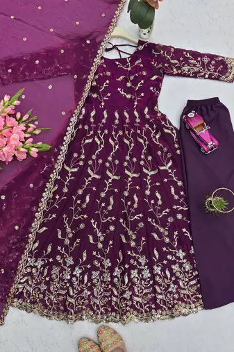 purple silk blend anarkali gown set with floral vine work