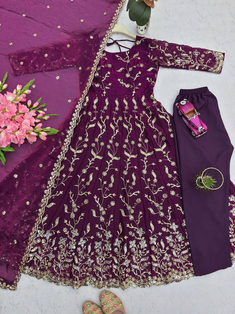 purple silk blend embroidered gown set
