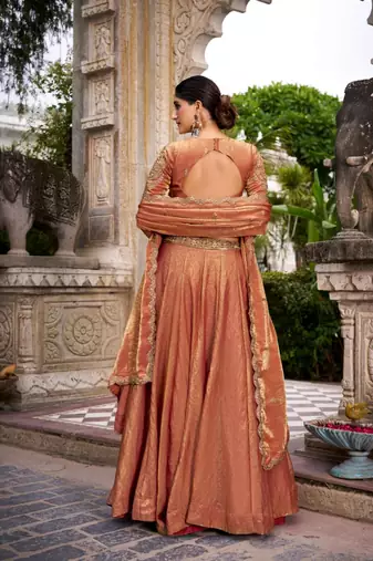 orange silk blend lehenga set with thread embroidery