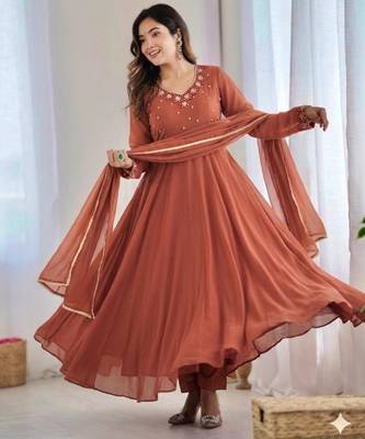 light brown georgette anarkali gown set with pearl neckline 1