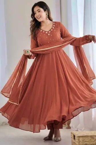 light chocolate georgette embroidered gown set