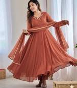 light chocolate georgette embroidered gown set