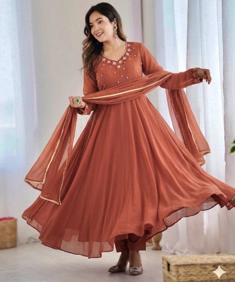 light chocolate georgette embroidered gown set