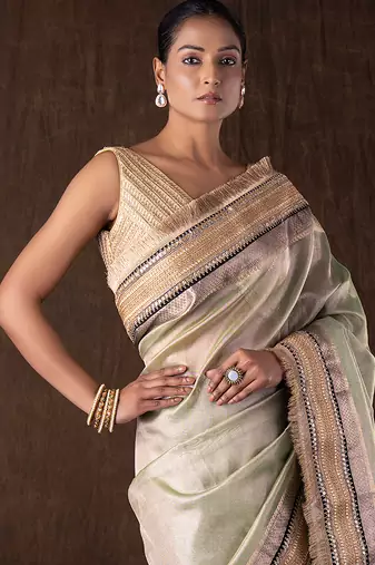 Grey handloom pure tissue silk saree