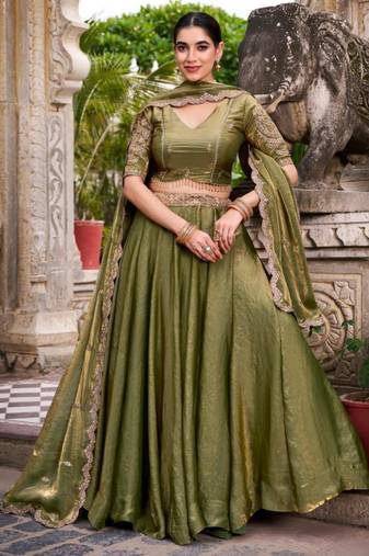 olive silk blend embroidered lehenga set