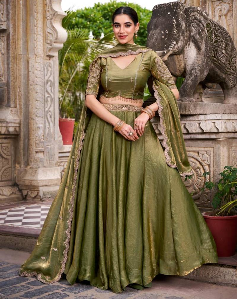 olive silk blend embroidered lehenga set