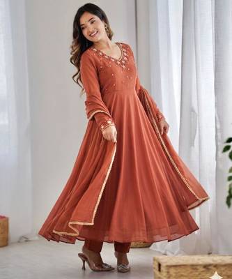light brown georgette anarkali gown set with pearl neckline 2