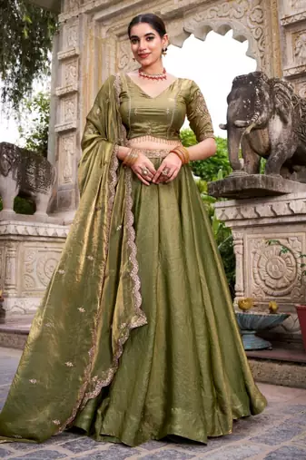olive silk blend lehenga with gold embroidery work
