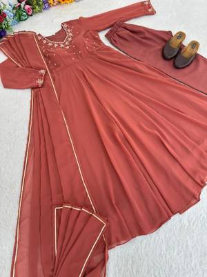 light brown georgette anarkali gown set with pearl neckline 3