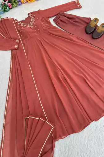 light brown georgette anarkali gown set with pearl neckline