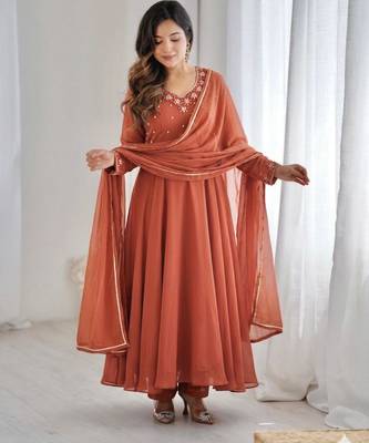light brown georgette anarkali gown set with pearl neckline 4