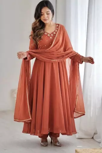 light brown georgette anarkali gown set with pearl neckline