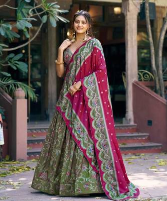 olive silk blend lehenga set with floral print work
 1