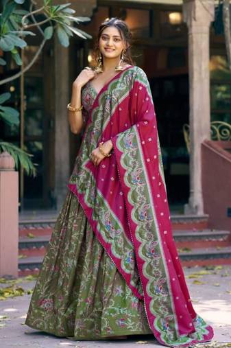olive silk blend printed lehenga set