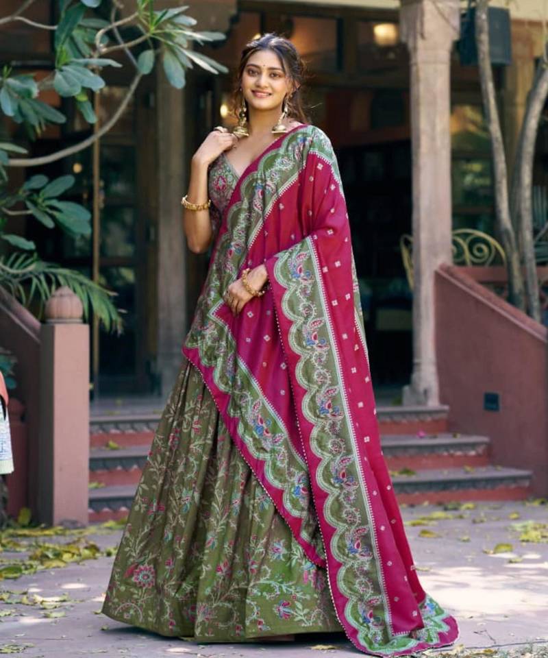 olive silk blend printed lehenga set