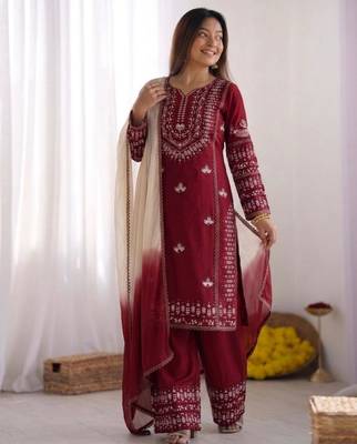 blood red cotton poly palazzo set with thread work 1