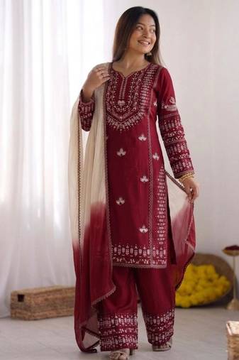deep red cotton poly embroidered palazzo set