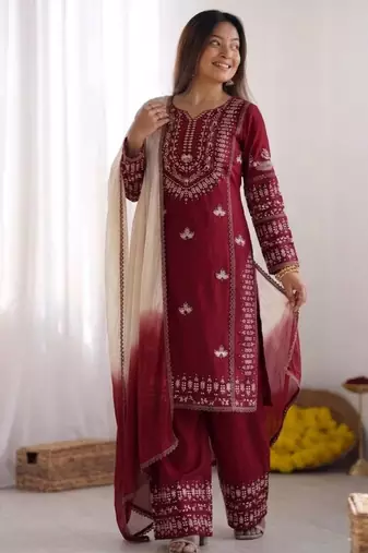 deep red cotton poly embroidered palazzo set