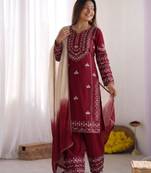 deep red cotton poly embroidered palazzo set