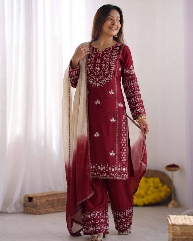 deep red cotton poly embroidered palazzo set