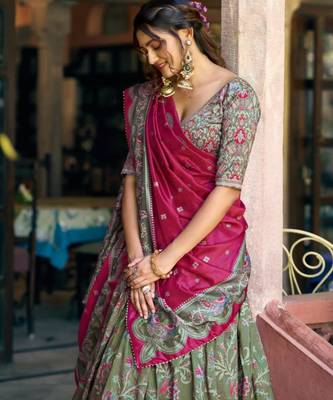 olive silk blend lehenga set with floral print work
 2