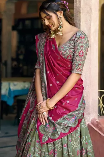 olive silk blend lehenga set with floral print work