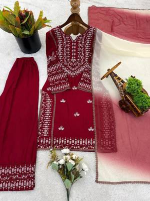 blood red cotton poly palazzo set with thread work 2
