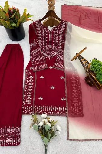 blood red cotton poly palazzo set with thread work