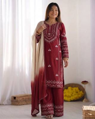 blood red cotton poly palazzo set with thread work 3