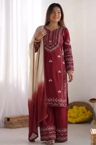 blood red cotton poly palazzo set with thread work