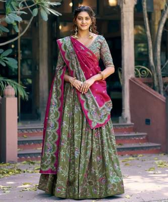 olive silk blend lehenga set with floral print work
 3