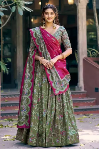olive silk blend lehenga set with floral print work