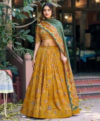 mustard silk blend lehenga with floral print work
 2