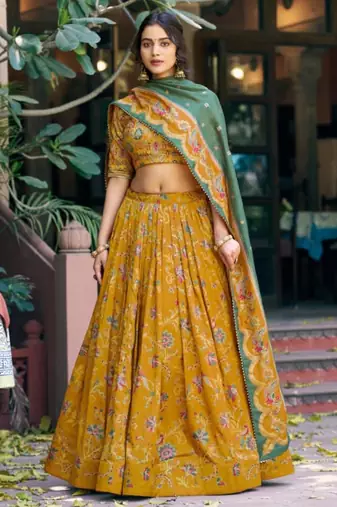 mustard silk blend lehenga with floral print work