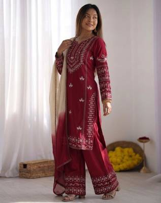 blood red cotton poly palazzo set with thread work 4