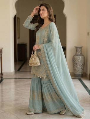 sea green georgette sharara suit with zari work 1