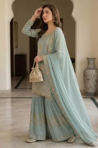 sea green georgette embroidered sharara set