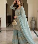 sea green georgette embroidered sharara set