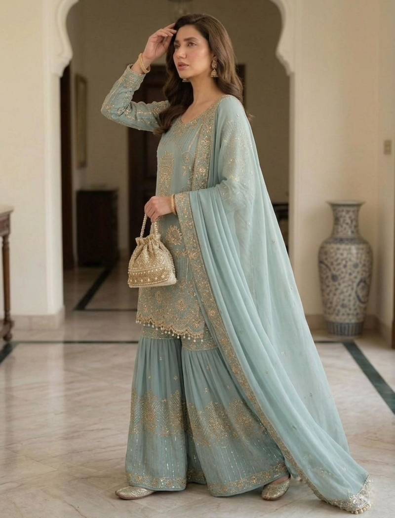 sea green georgette embroidered sharara set