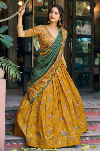 mustard silk blend printed lehenga set