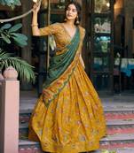 mustard silk blend printed lehenga set