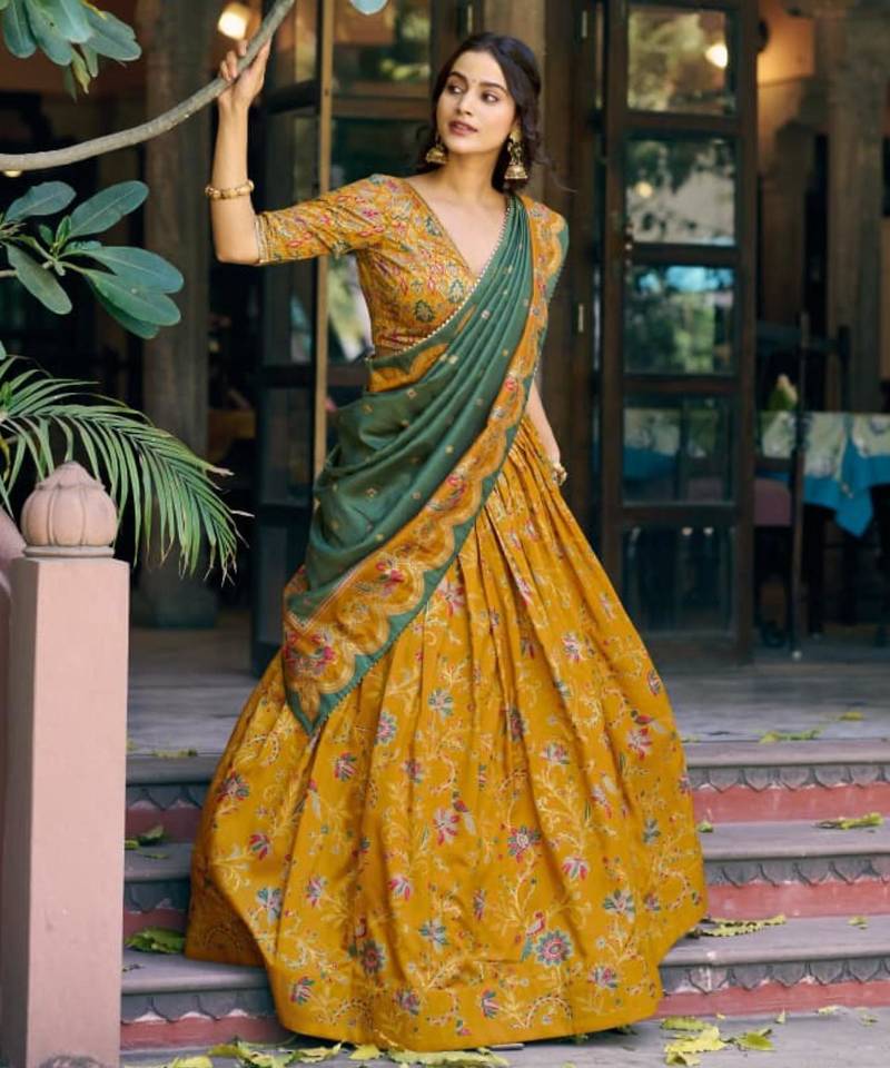 mustard silk blend printed lehenga set