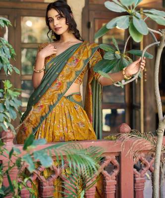 mustard silk blend lehenga with floral print work
 3