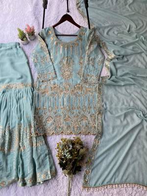 sea green georgette sharara suit with zari work 2